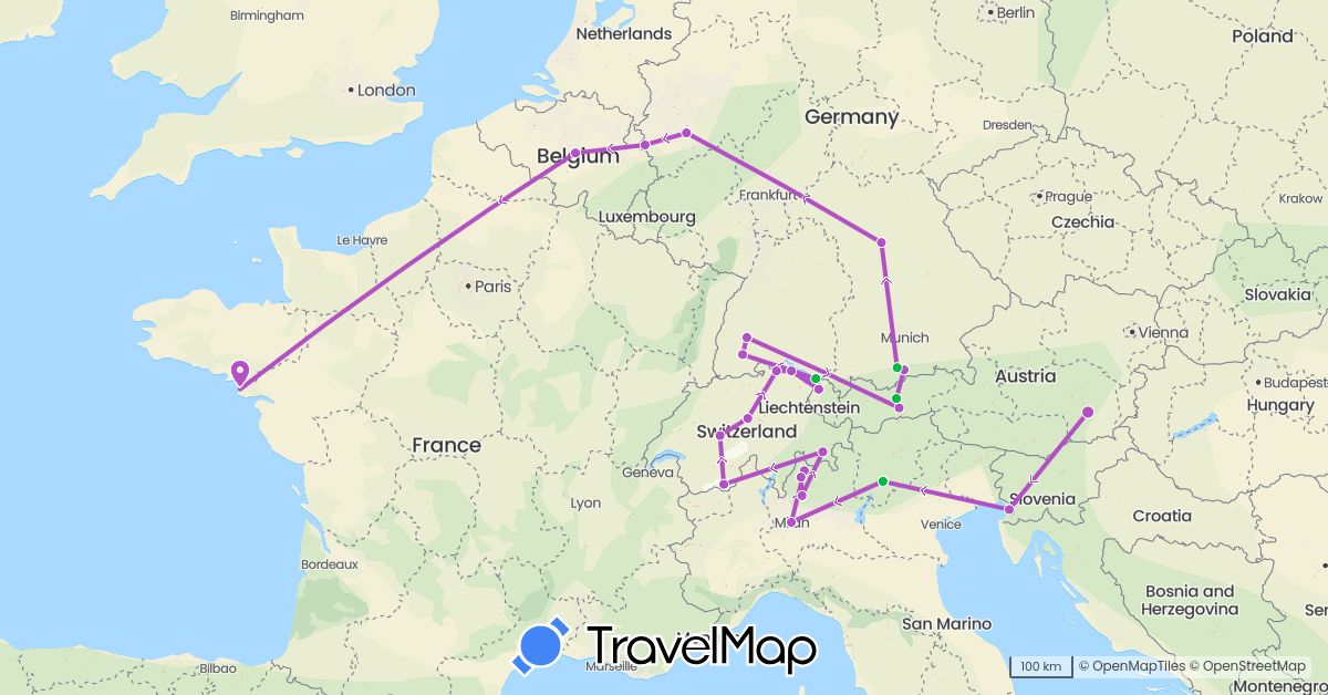 TravelMap itinerary: bus, train in Austria, Belgium, Switzerland, Germany, France, Italy (Europe)